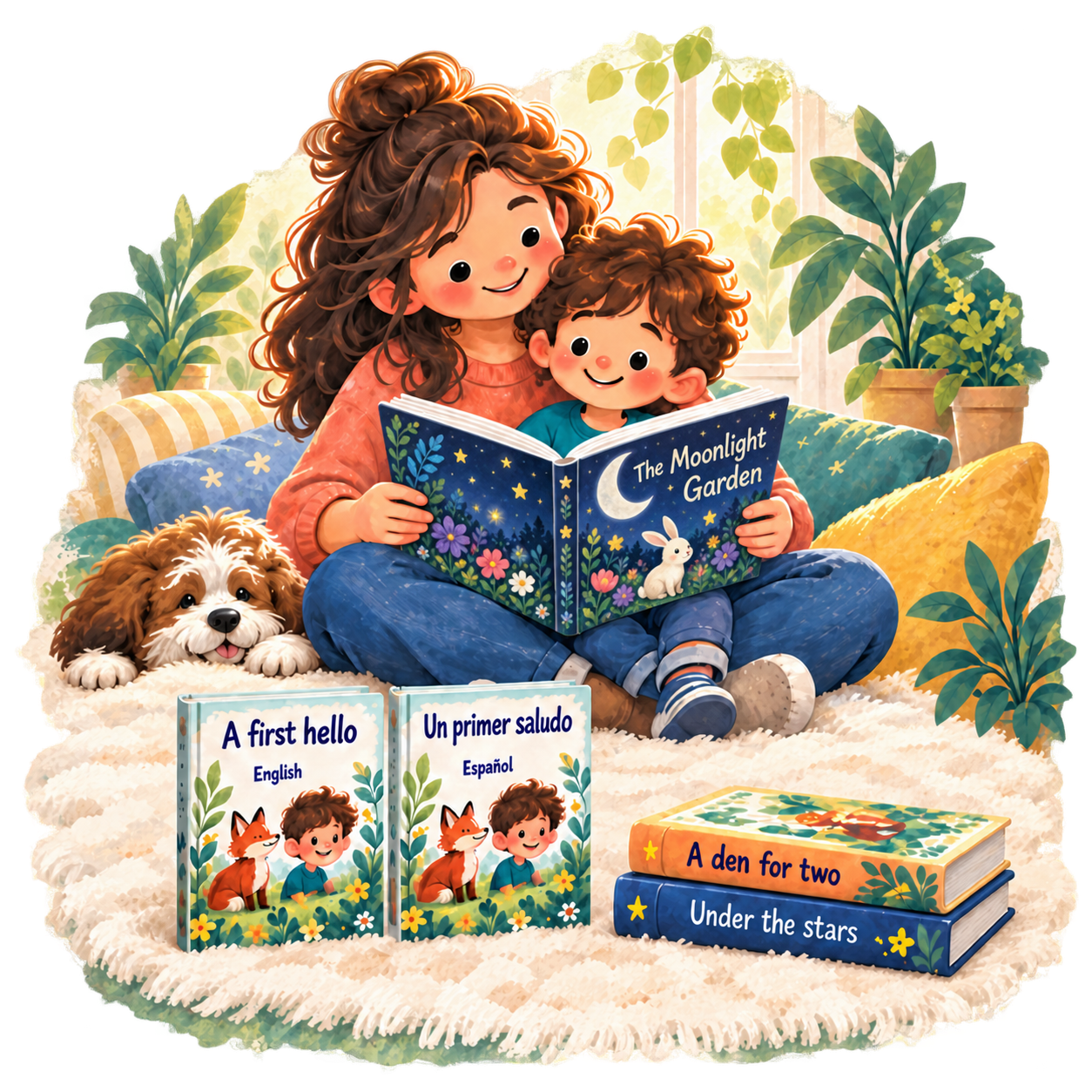 A carer and child enjoying an illustrated story together, with their dog beside them