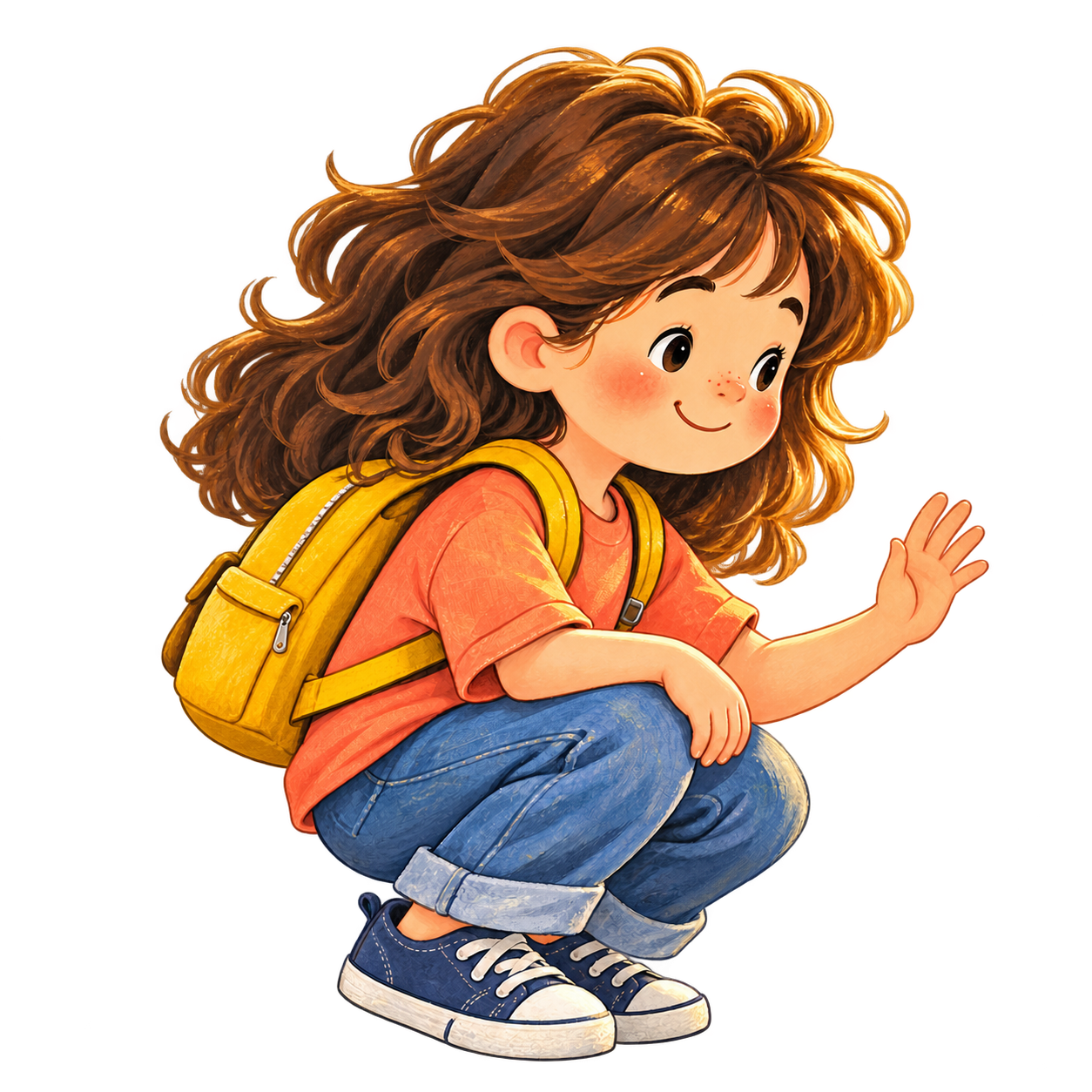 A child in a yellow backpack waving hello to a fox in a painted woodland